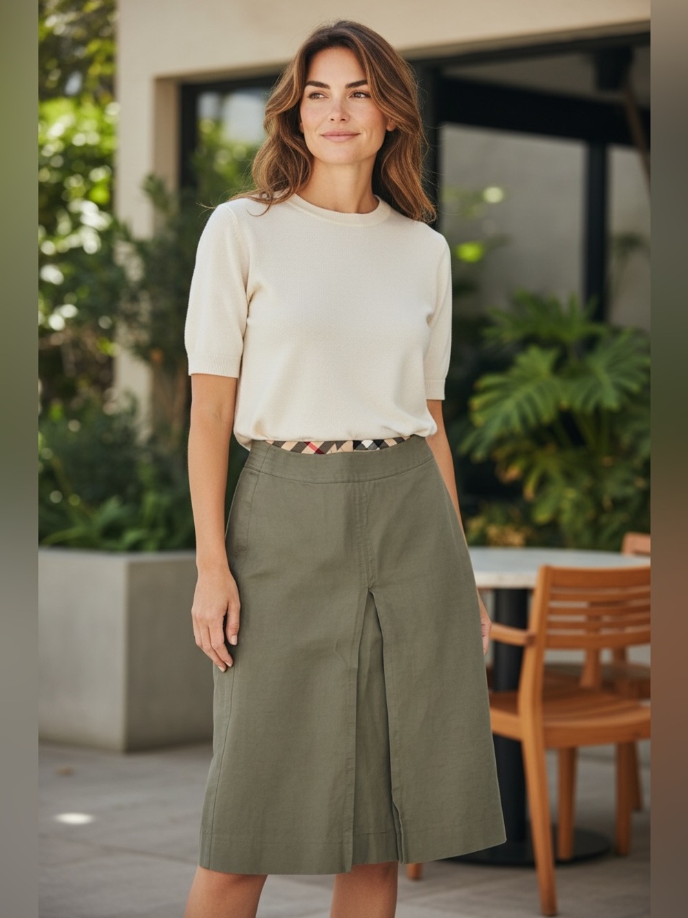 Burberry London Olive Khaki Cotton Blend A-Line Midi Skirt Nova Check Trim